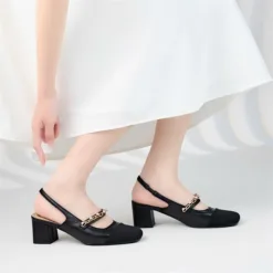Noir Ribbon Mule Block Heels